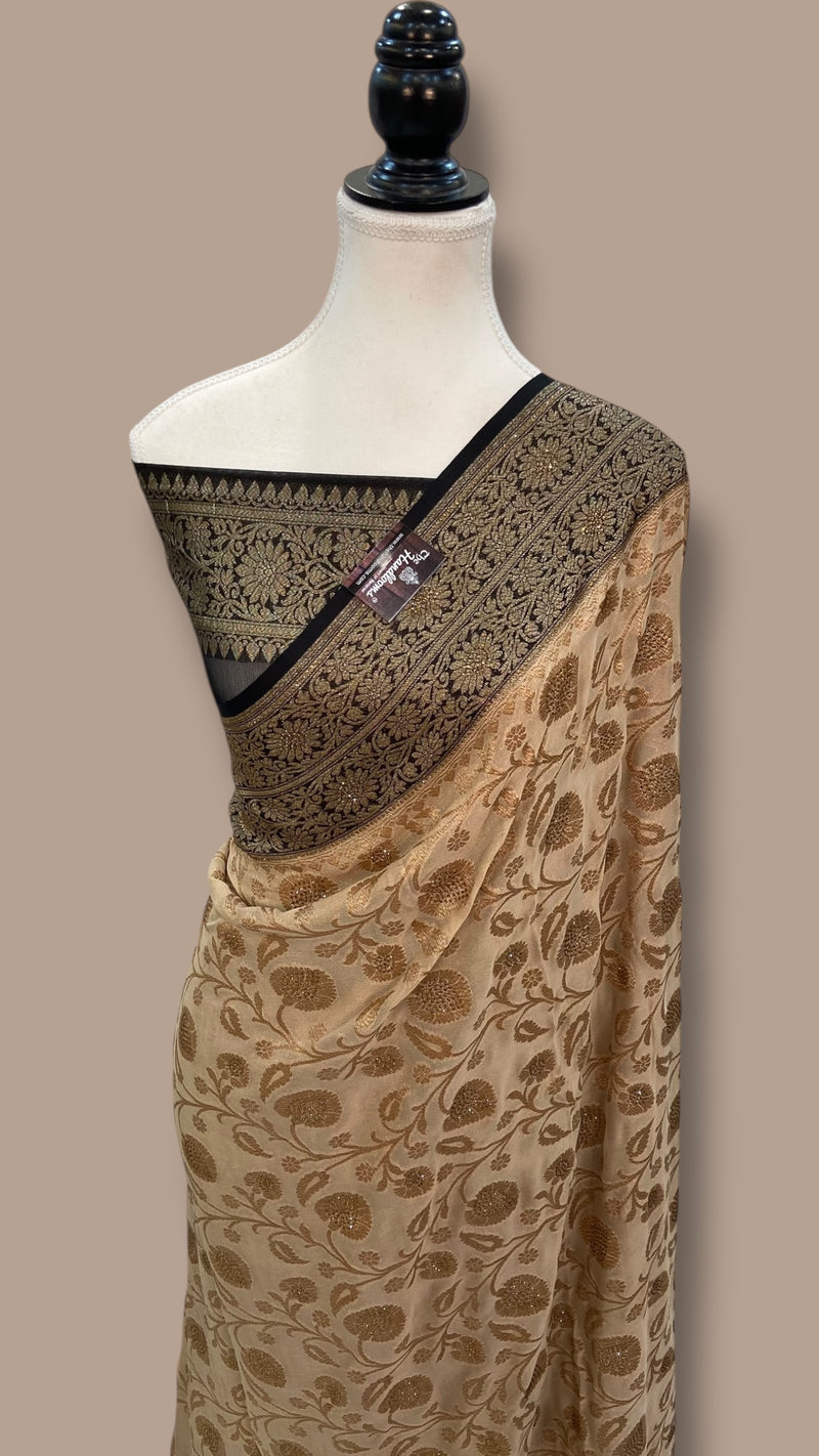 Khaddi Georgette Handloom Banarasi Saree with Siroski Stone Work - The Handlooms