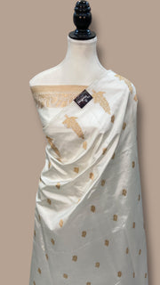 White Pure Katan Silk Banarasi Handloom Saree - All over Kadua motifs - The Handlooms