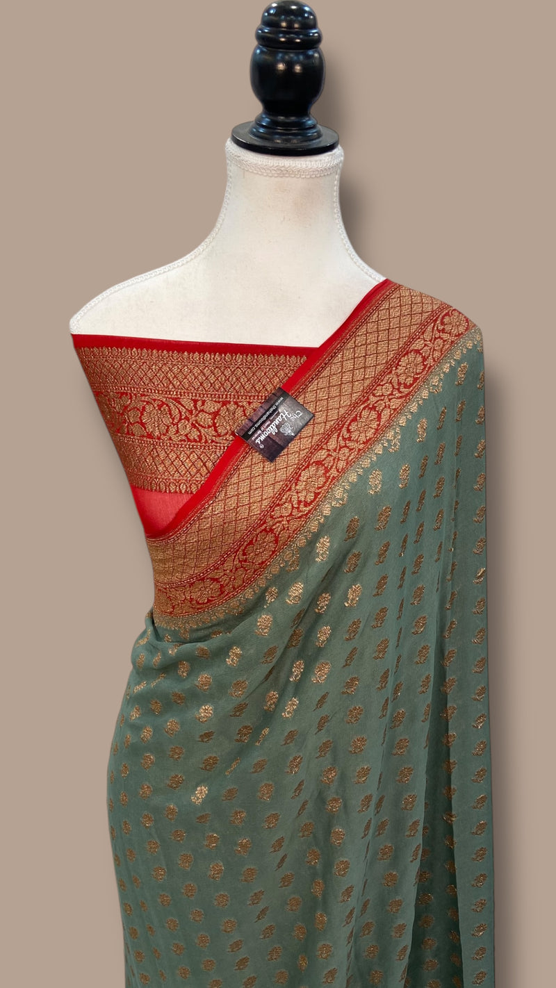 Khaddi Georgette Handloom Banarasi Saree - Antique Zari - The Handlooms