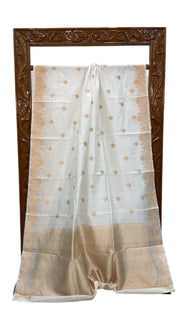 White Pure Katan Silk Banarasi Handloom Saree - All over Kadua motifs - The Handlooms