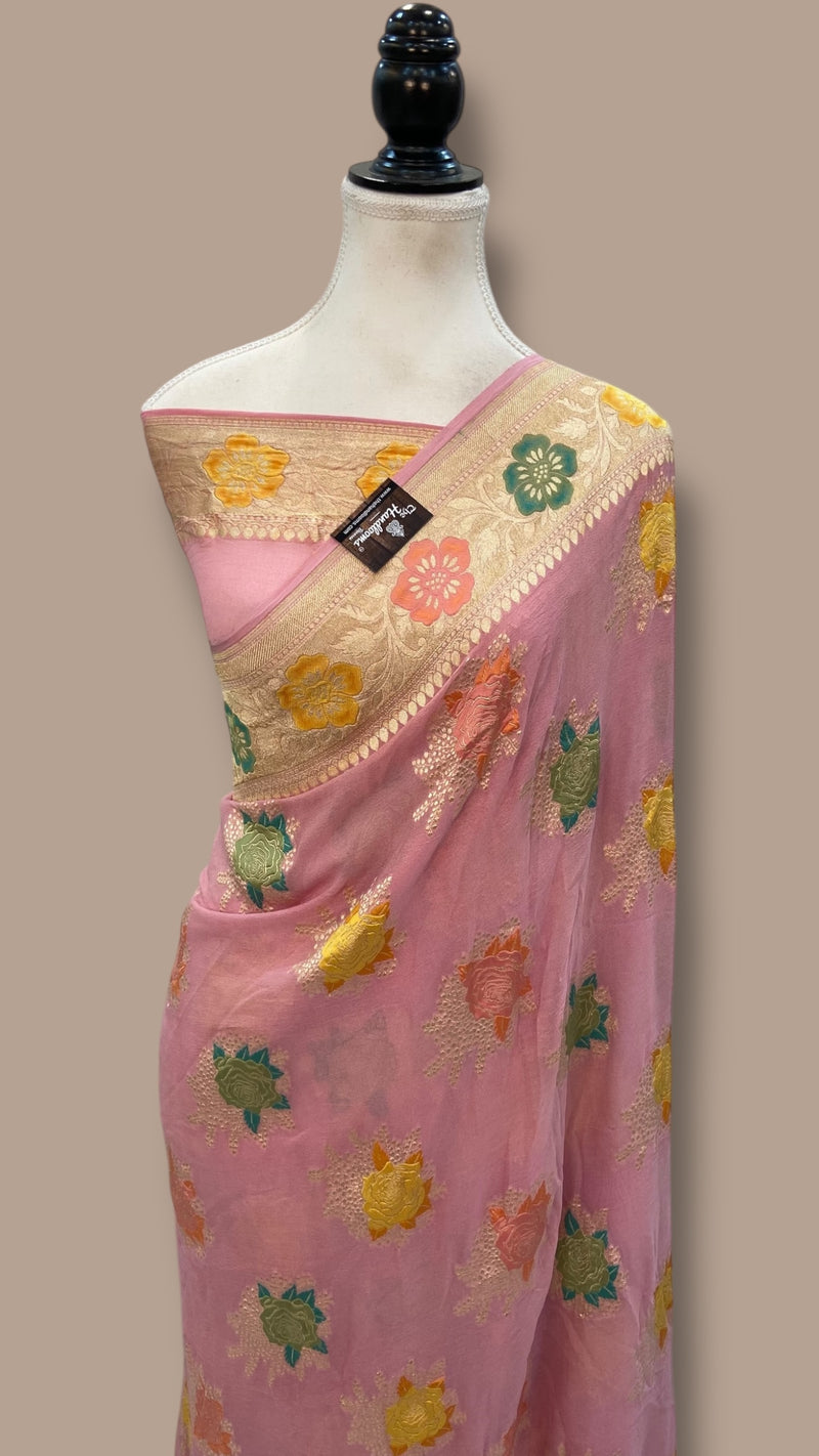 Pure Khaddi Georgette Handloom Banarasi Saree - All over Jaal Work With Meenakari - The Handlooms