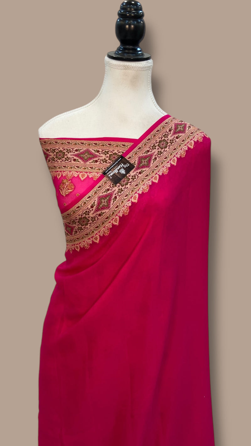 Hot Pink Pure Chiffon Khaddi Banarasi Saree - The Handlooms