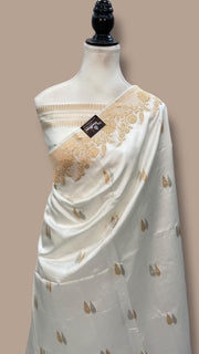 White Pure Katan Silk Banarasi Handloom Saree - All over Kadua motifs - The Handlooms