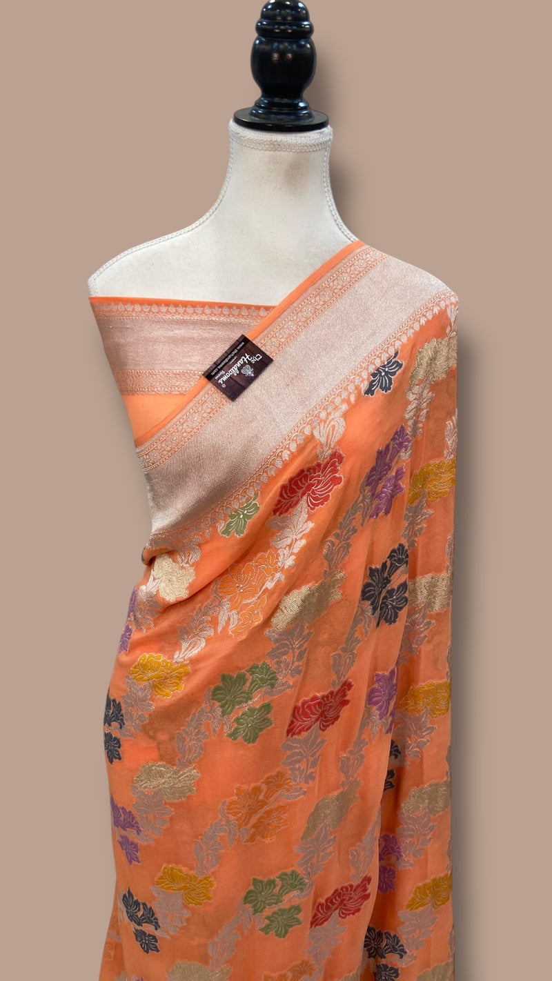 Pure Khaddi Georgette Handloom Banarasi Saree - All over Jaal Work With Meenakari - The Handlooms