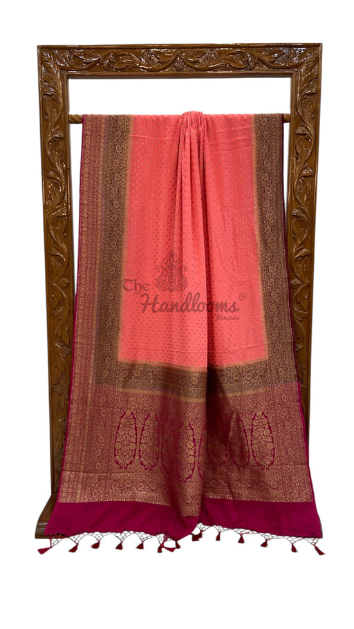 Coral Pink Pure Khaddi Crepe Georgette Handloom Banarasi Saree - The Handlooms