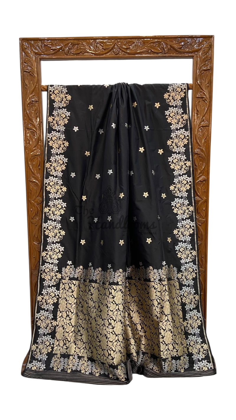 Nita Ambani in Black Pure Katan Silk Banarasi Handloom Saree - All Over Sona Roopa Motifs - The Handlooms