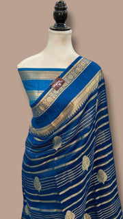 German Blue Pure Kora Handloom Banarasi Saree - The Handlooms