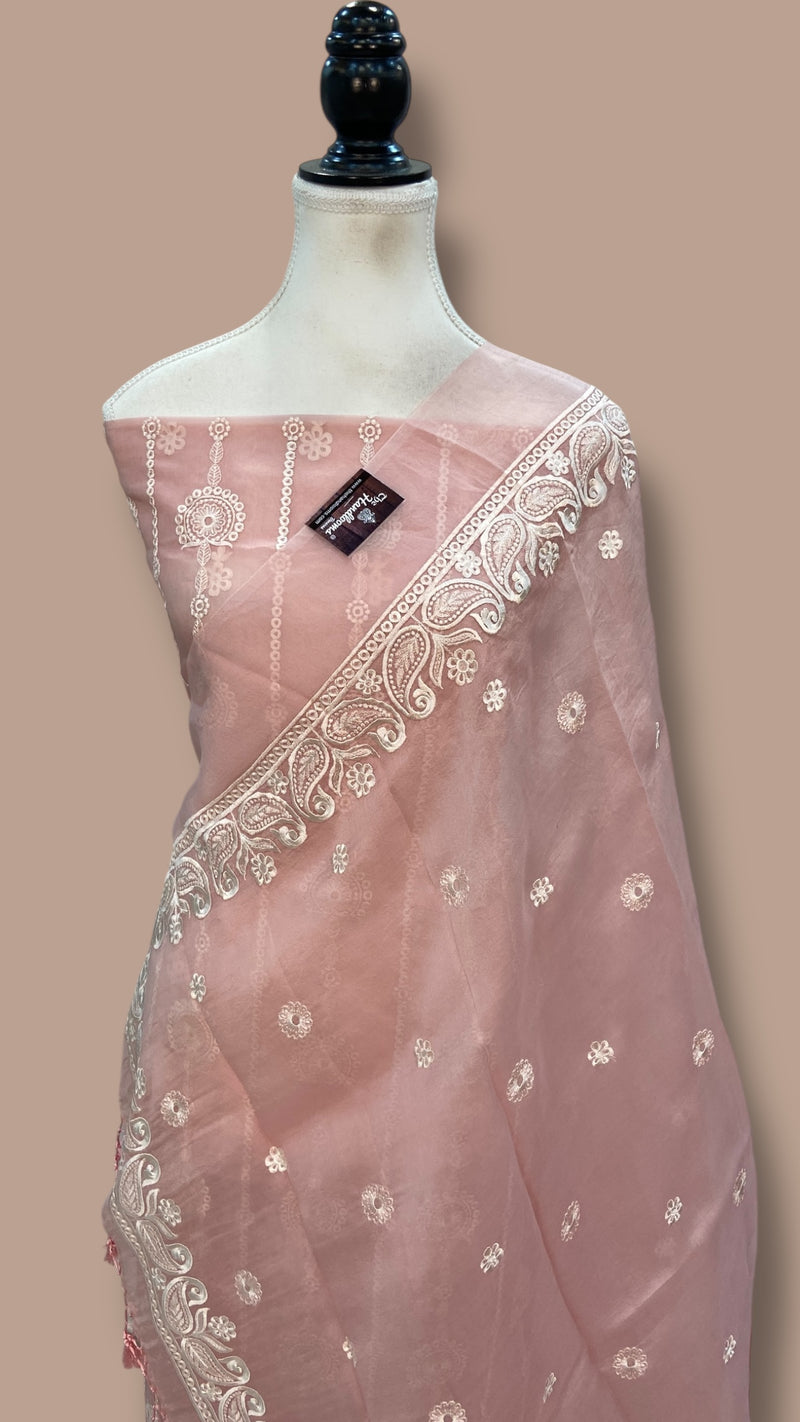 Pure Organza Chikankari Handloom Banarasi Dress Material - The Handlooms