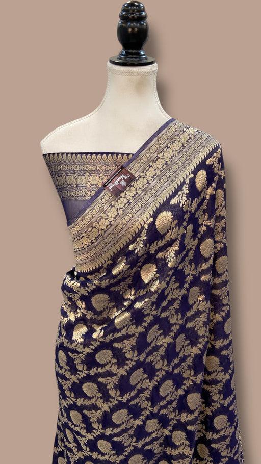 Navy Blue Georgette Banarasi Saree - The Handlooms