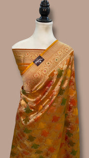Multicolor Pure Katan Silk Banarasi Handloom Saree - All over Jaal Work With Rangkart - The Handlooms