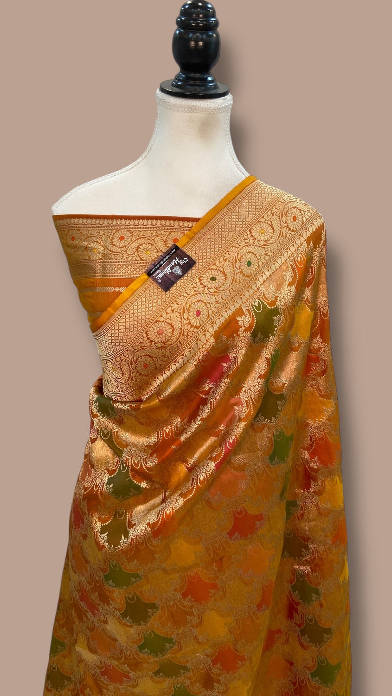 Multicolor Pure Katan Silk Banarasi Handloom Saree - All over Jaal Work With Rangkart - The Handlooms