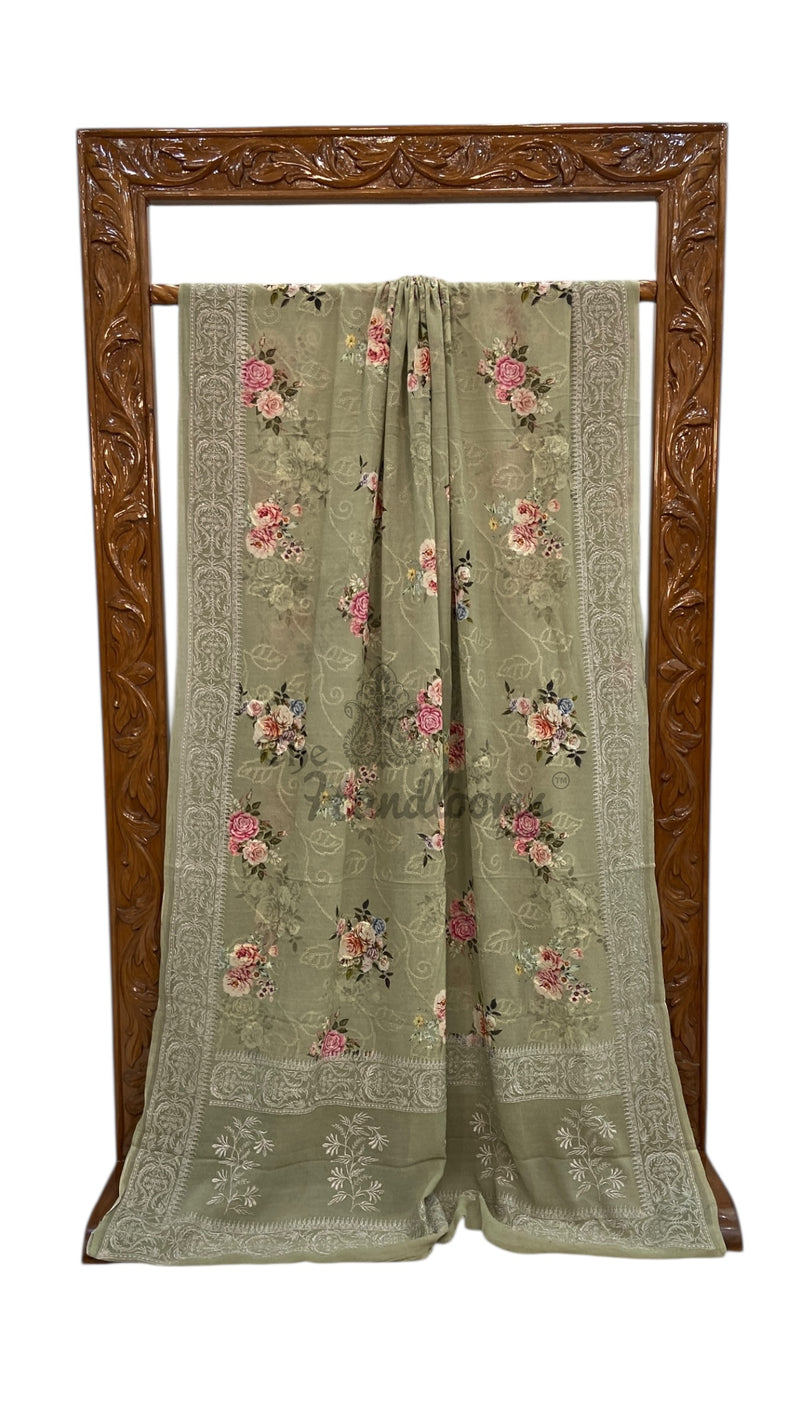 Pure Georgette Handloom Banarasi Saree - Digital Print With Chikankari