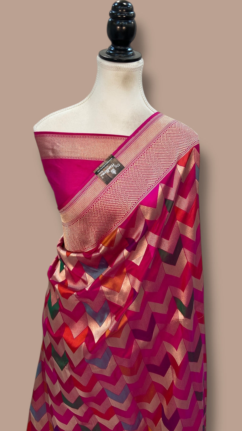 Multicolor Pure Katan Silk Banarasi Handloom Saree - All over Jaal Work With Rangkart