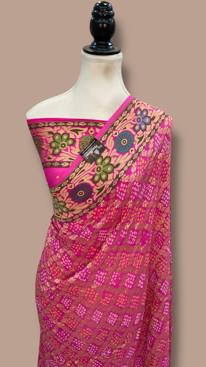 Pure Georgette Banarasi Bandhej Handloom Saree - Meenakari - The Handlooms