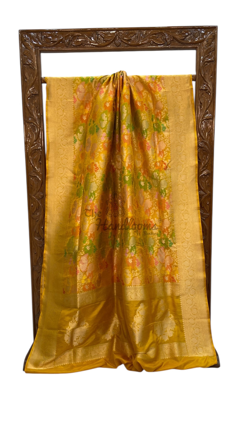 Multicolor Pure Katan Silk Banarasi Handloom Saree - All over Jaal Work With Rangkart - The Handlooms