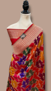 Multicolor Pure Katan Silk Banarasi Handloom Saree - All over Jaal Work With Rangkart - The Handlooms