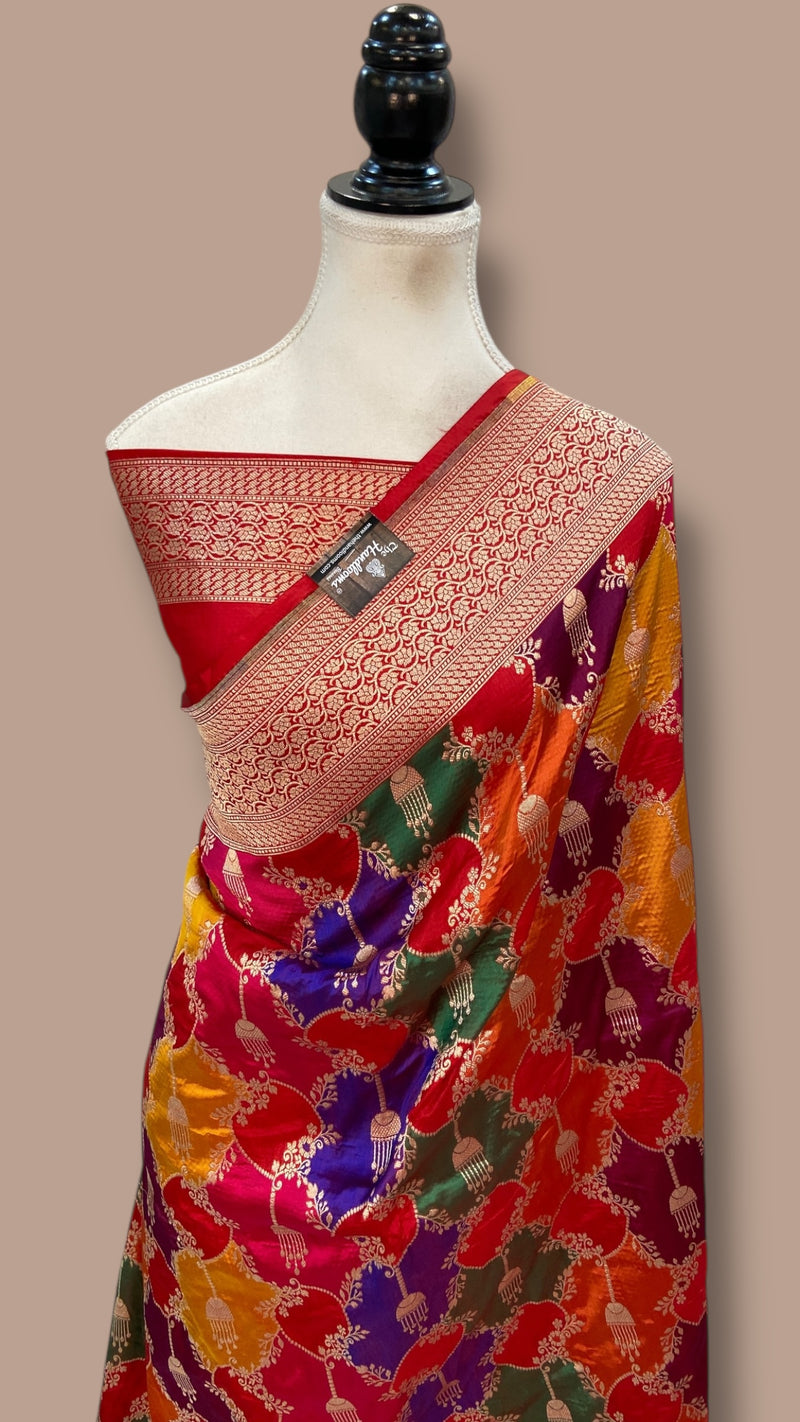 Multicolor Pure Katan Silk Banarasi Handloom Saree - All over Jaal Work With Rangkart - The Handlooms