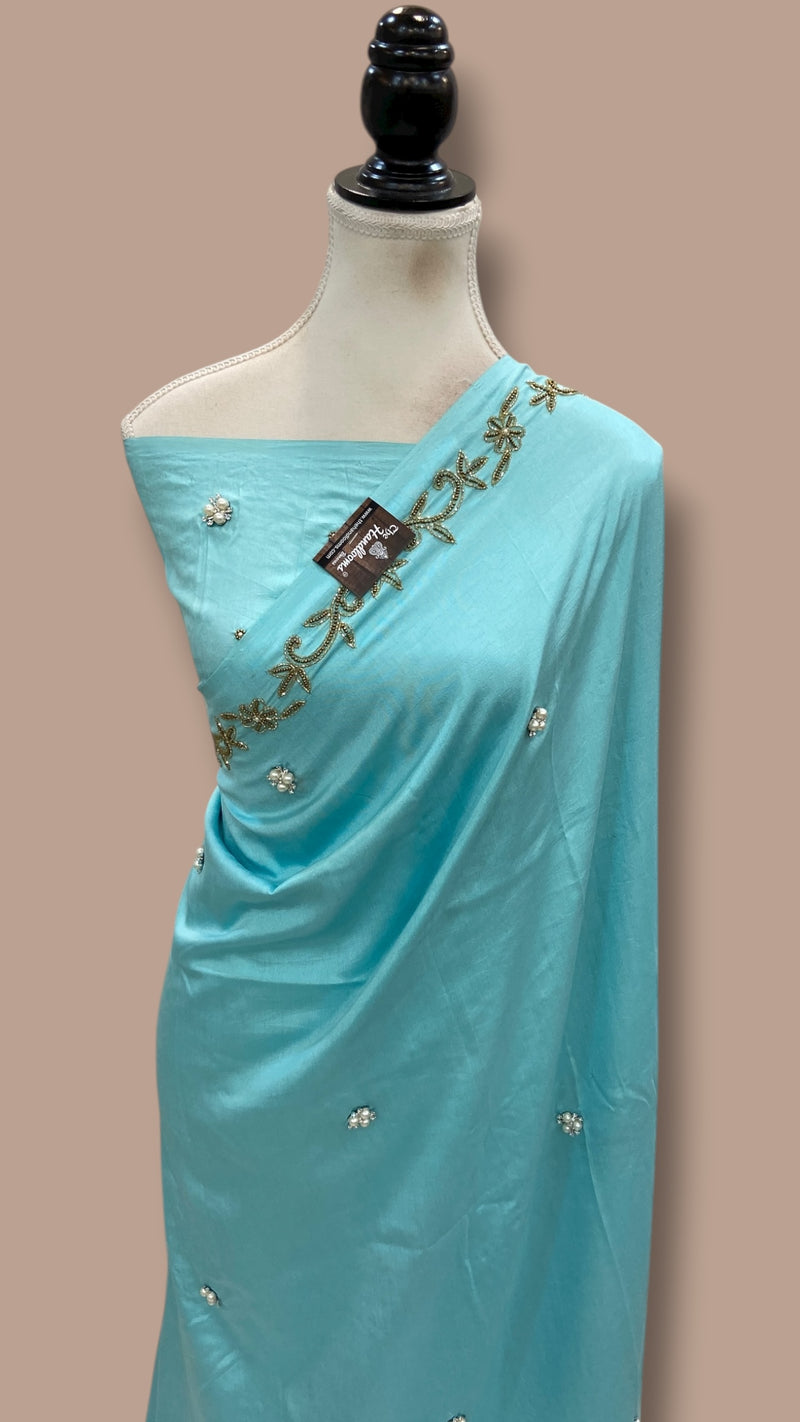 Pure Katan Chiniya Silk Handloom Banarasi Saree with Handwork - The Handlooms