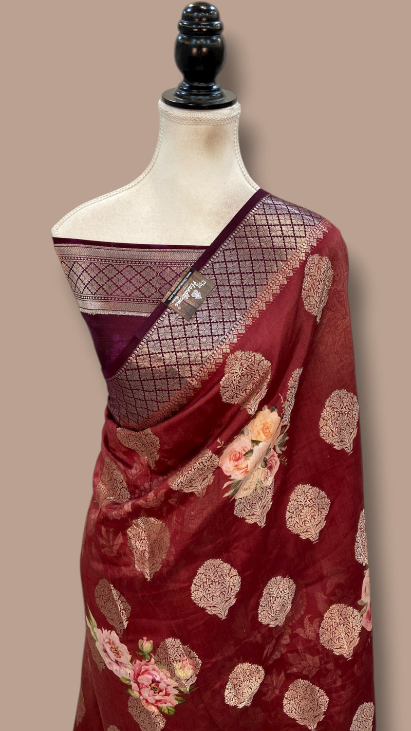 Pure Chiniya Silk Handloom Banarasi Saree Digital Print - The Handlooms