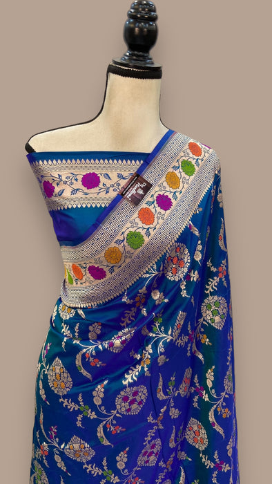 German Blue Pure Katan Silk Banarasi Handloom Saree - All over Jaal work with Meenakari