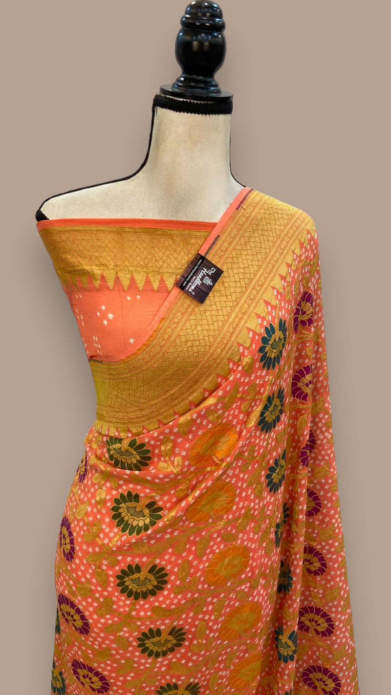 Pure Georgette Banarasi Bandhej Handloom Saree - with meenakari work - The Handlooms