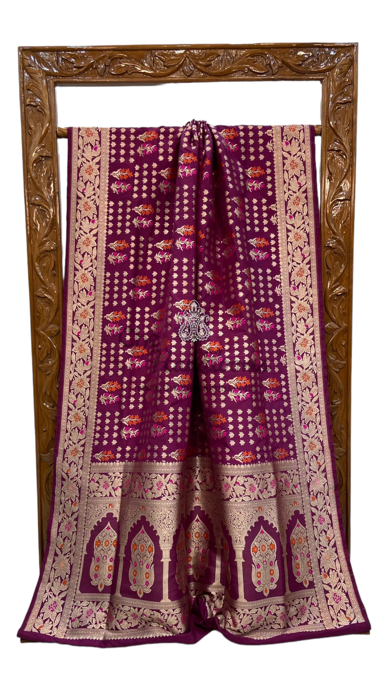 Wine Pure Katan Silk Banarasi Handloom Saree - All over Jaal work - With Meenakari - The Handlooms