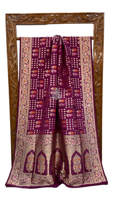 Wine Pure Katan Silk Banarasi Handloom Saree - All over Jaal work - With Meenakari