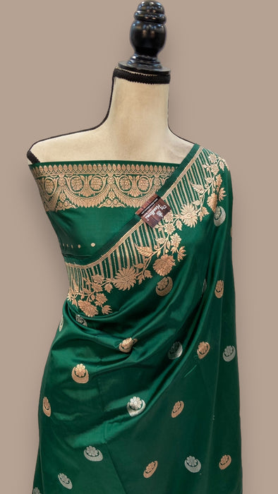 Green Pure Katan Silk Banarasi Handloom Saree - All over Kadua motifs