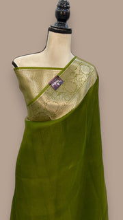 Olive Green Pure Kora Handloom Banarasi Saree - The Handlooms