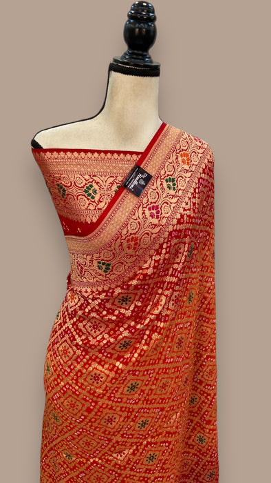 Pure Georgette Banarasi Bandhej Handloom Saree - with meenakari work