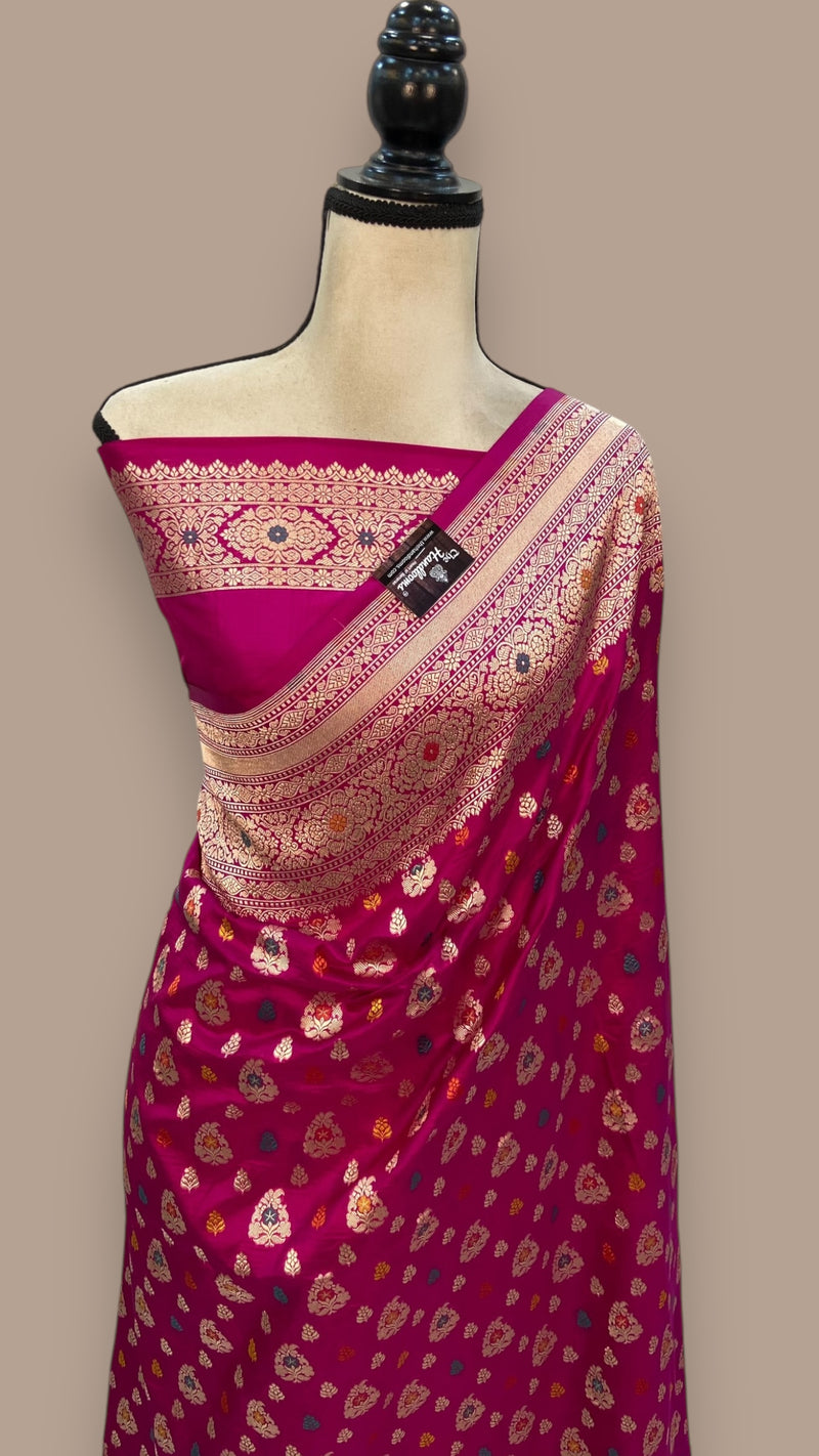 Magenta Pure Katan Silk Banarasi Handloom Saree - All over meenakari motifs - The Handlooms