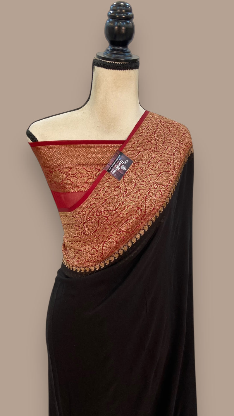 Black Pure Khaddi Georgette Handloom Banarasi Saree - The Handlooms