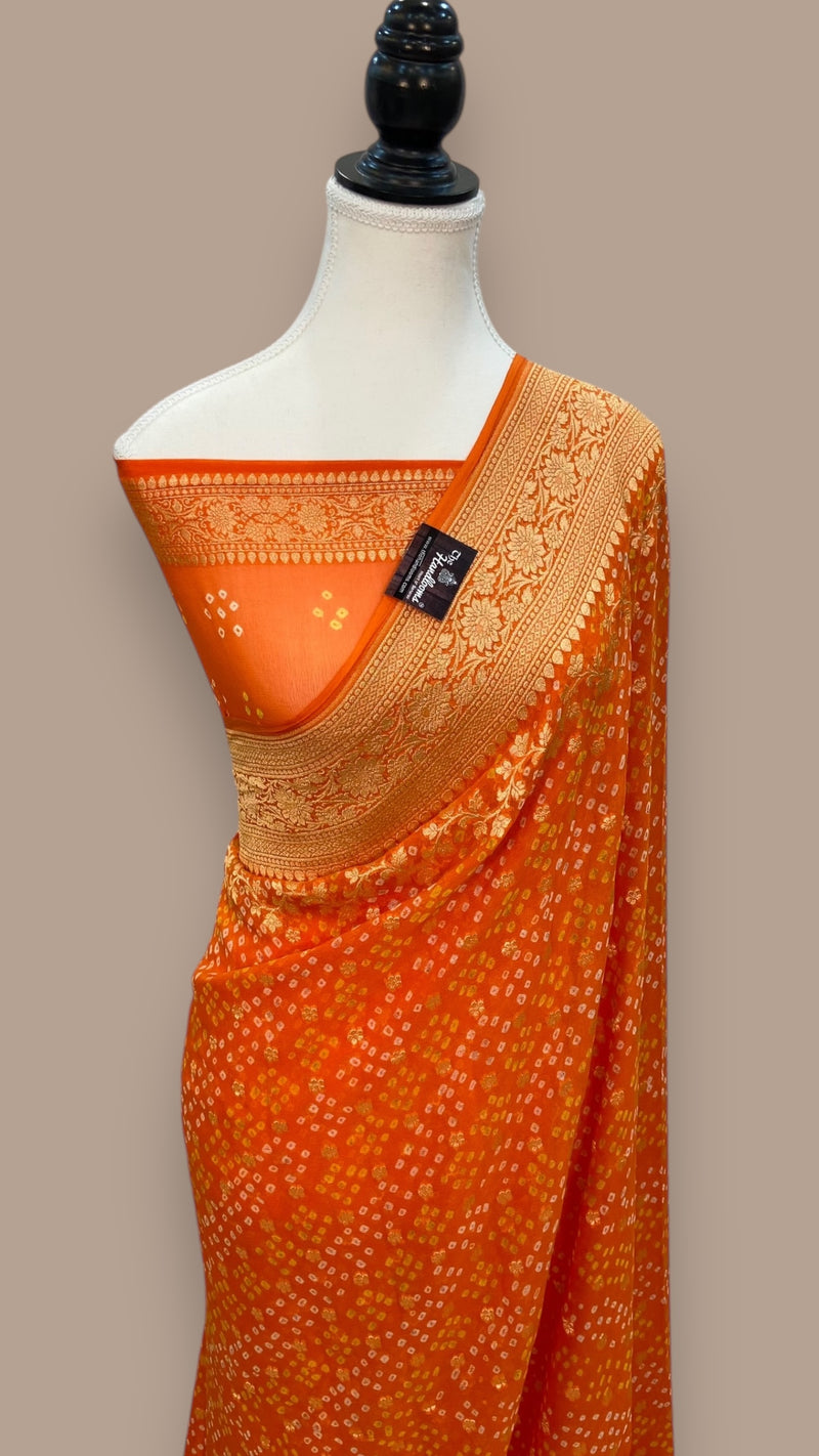 Orange Pure Georgette Banarasi Bandhej Handloom Saree - The Handlooms