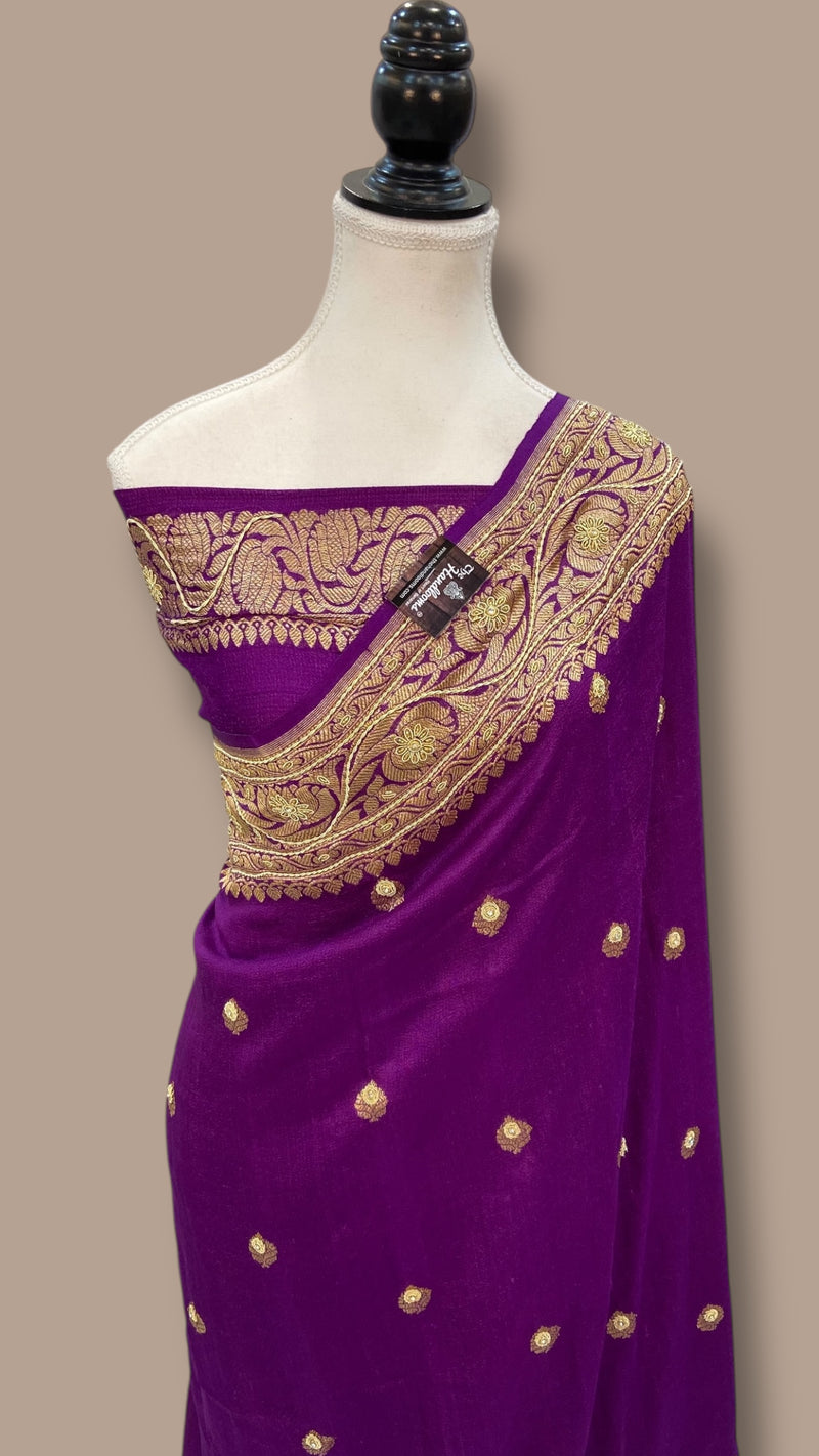 Pure Tussar Georgette Handloom Banarasi Saree with Handwork: Gota Patti, Zardozi, Diamond Chain, Katdana, and Abla Detailing - The Handlooms