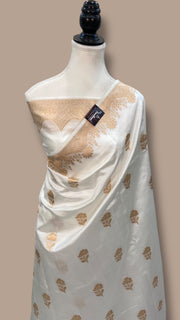 White Pure Katan Silk Banarasi Handloom Saree - All over Kadua motifs - The Handlooms