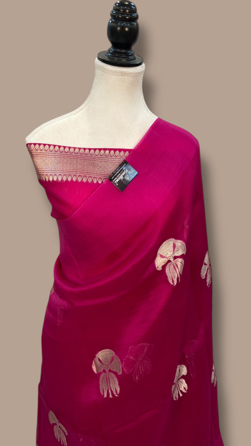 Hot Pink Pure Kora Handloom Banarasi Saree - The Handlooms