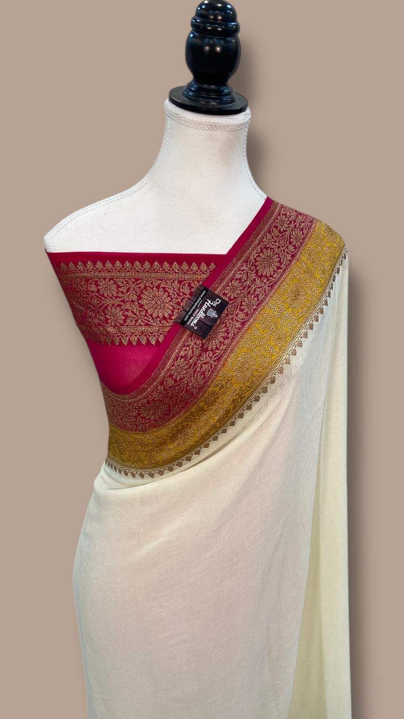 Off-white Pure Khaddi Georgette Handloom Banarasi Saree - The Handlooms