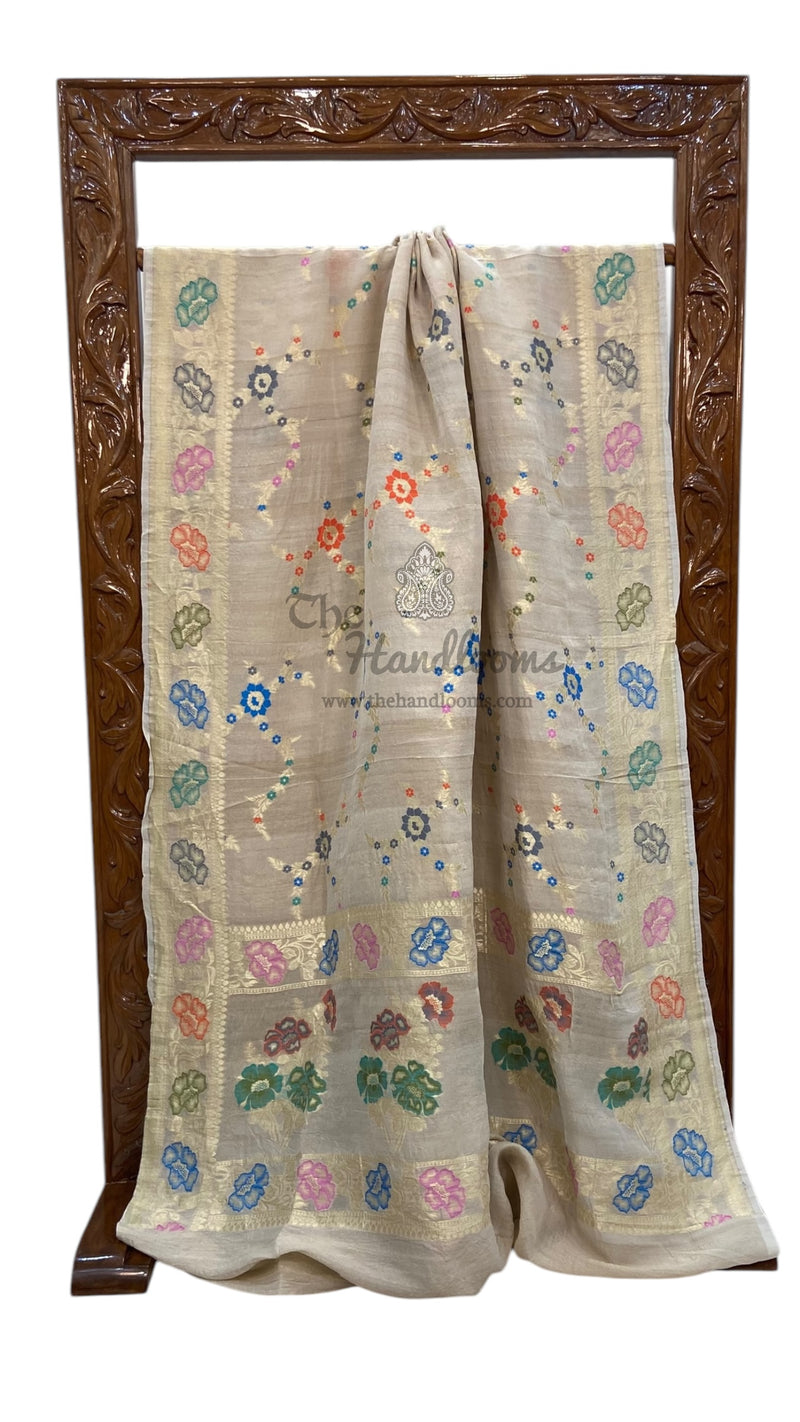 Pure Tussar Georgette Handloom Banarasi Saree - All over Jaal Work with meenakari - The Handlooms