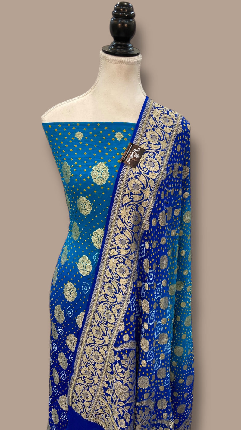 Pure Khaddi Georgette Bandhej Banarasi Dress material - The Handlooms