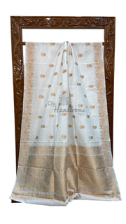 White Pure Katan Silk Banarasi Handloom Saree - All over Kadua motifs - The Handlooms