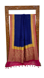 Khaddi Georgette Handloom Banarasi Saree with Handwork: Gota Patti, Zardozi, Diamond Chain, Katdana, and Abla Detailing - The Handlooms