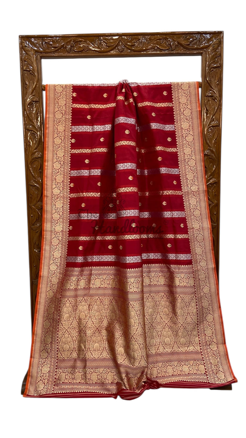 Pure Katan Silk Banarasi Handloom Saree - All over soona roopa Kadua stripe - The Handlooms