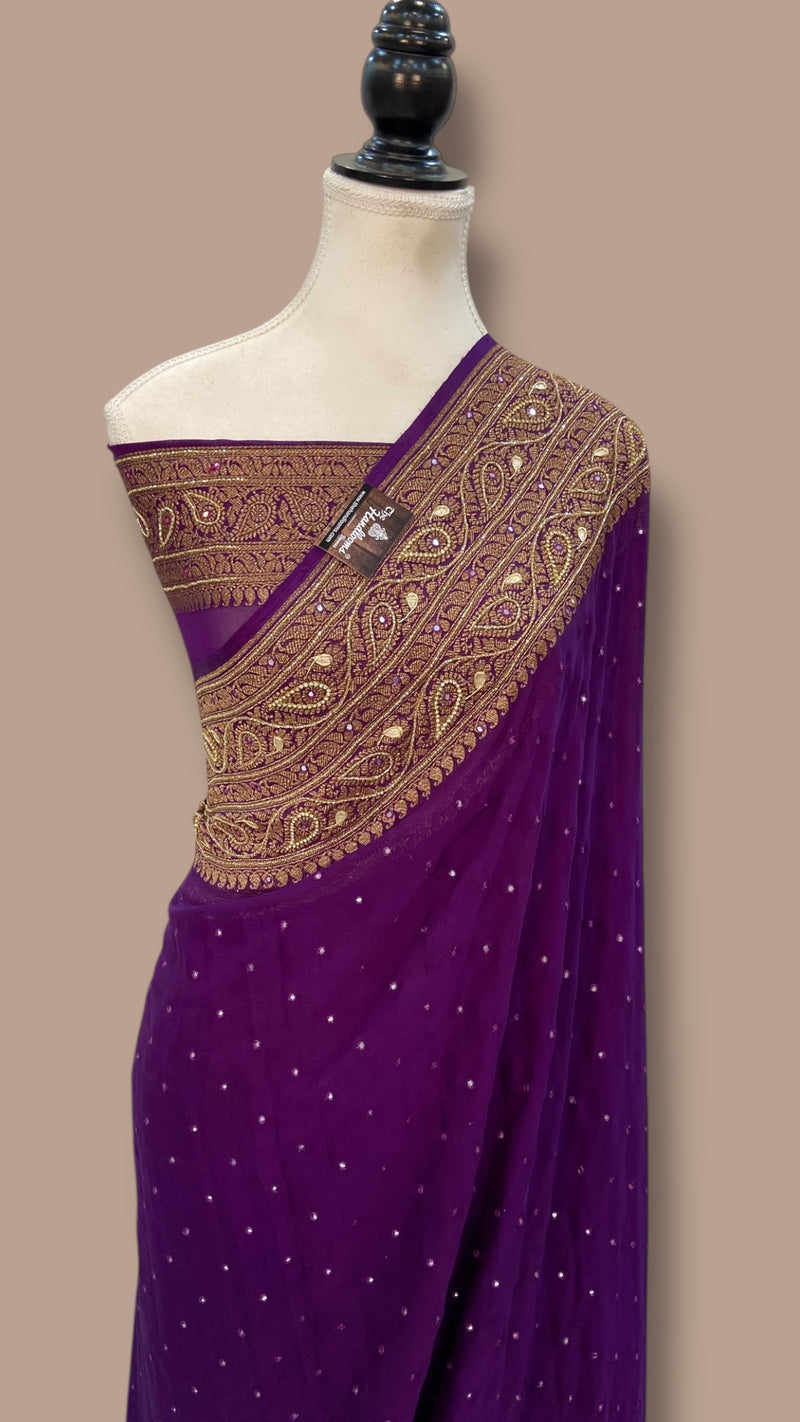 Khaddi Georgette Handloom Banarasi Saree with Handwork: Gota Patti, Zardozi, Diamond Chain, Katdana, and Abla Detailing - The Handlooms