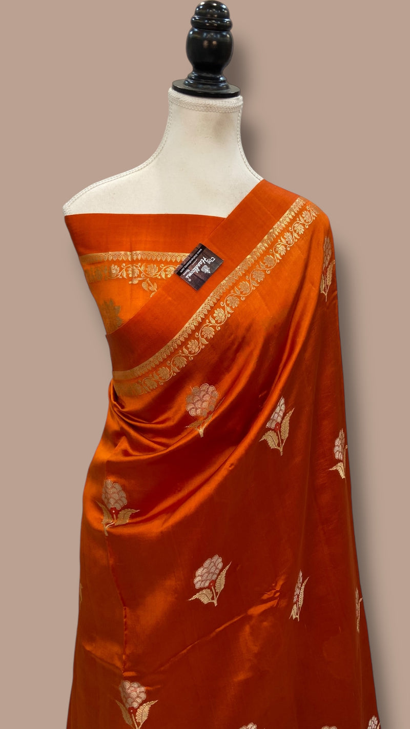 orange Pure Mango Silk Banarasi Handloom Saree - The Handlooms