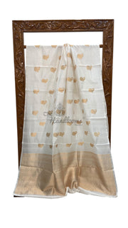 White Pure Katan Silk Banarasi Handloom Saree - All over Kadua motifs - The Handlooms