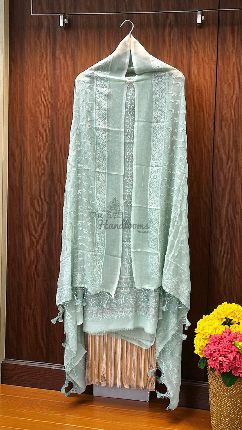 Pure Georgette Banarasi Chikan kari Dress Material - The Handlooms
