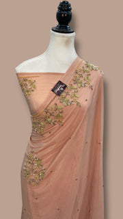 Pure Crepe Georgette Handloom Banarasi Saree with Handwork: Zardozi, Diamond Chain and Katdana - The Handlooms