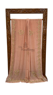Pure Crepe Georgette Handloom Banarasi Saree with Handwork: Zardozi, Diamond Chain and Katdana - The Handlooms
