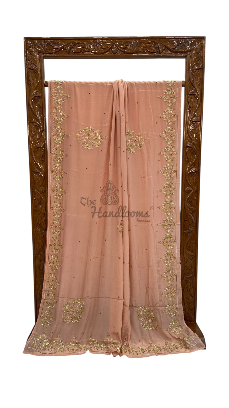 Pure Crepe Georgette Handloom Banarasi Saree with Handwork: Zardozi, Diamond Chain and Katdana - The Handlooms