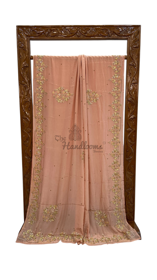 Pure Crepe Georgette Handloom Banarasi Saree with Handwork: Zardozi, Diamond Chain and Katdana - The Handlooms